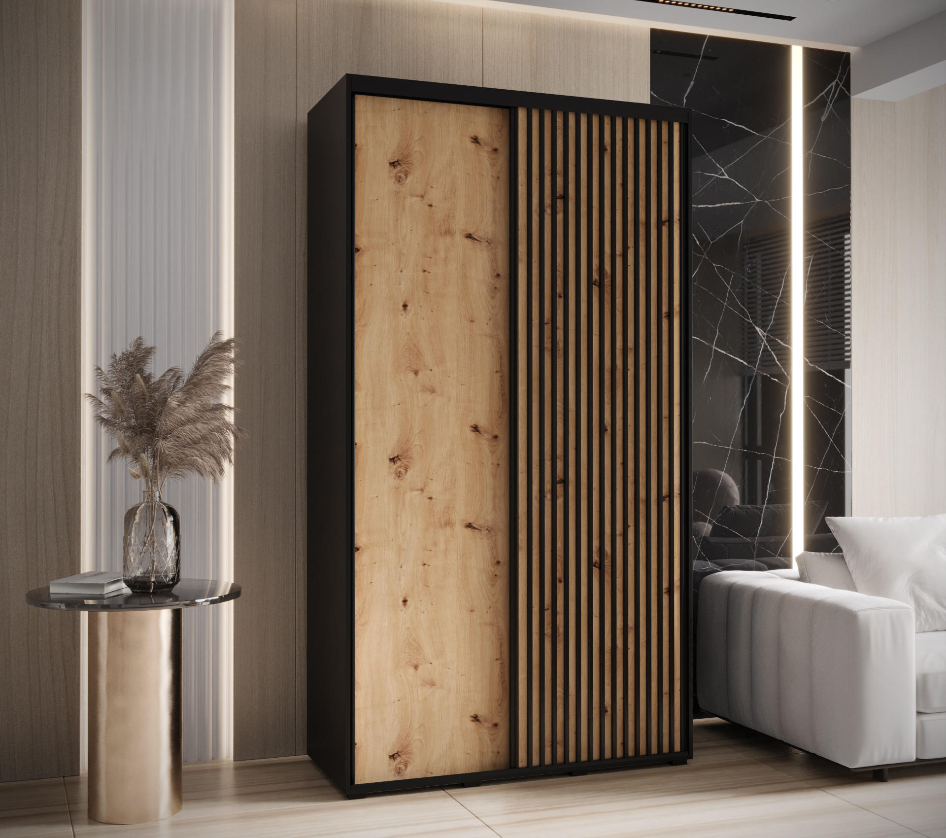 SCHWEBETÜRENSCHRANK 235,2/130/45 2-türig - Schwarz/Eiche Artisan, Holz/Metall (130/235/45cm) - Abiks Möbel