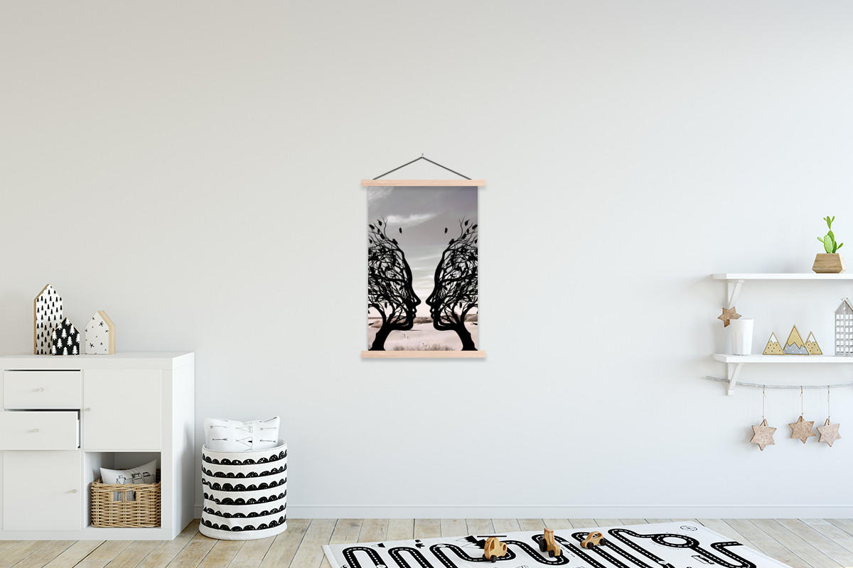 POSTER Strand - Meer - Menschen - Baum - Moderne Kunst 60x90 cm - Hellgrau, Textil (60/90/0.15cm) - MuchoWow