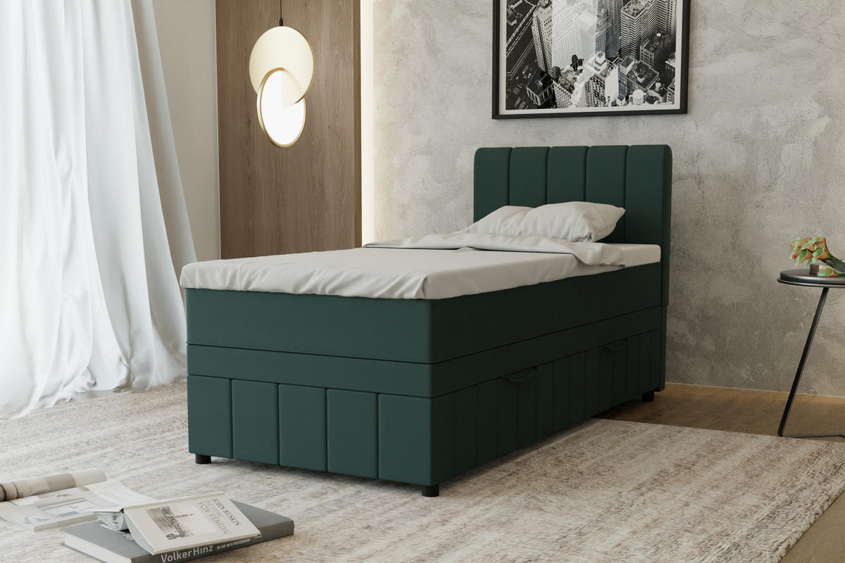 BOXBETT AVALON 90 x 200 cm mit Bettkasten und Topper - Dunkelgrün - Dunkelgrün, Holz - Panda Möbel