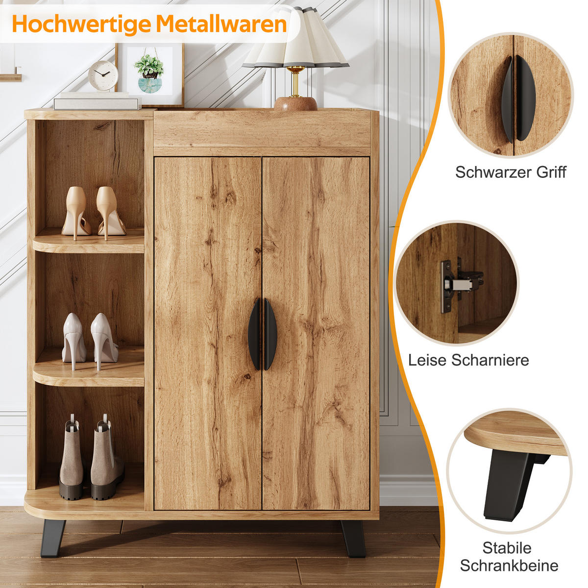 SCHUHSCHRANK schmal 2 Türen offen Holzoptik Ablage Flur klein - Naturfarben, Holzwerkstoff (32/99/80cm) - FLIEKS