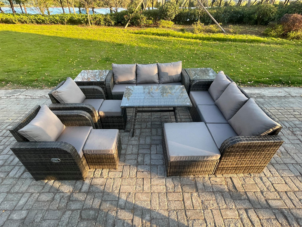 GARTENSET Hohe Rückenlehne Polyrattan 11-Sitzer - Dunkelgrau/Grau, Glas/Kunststoff - Fimous