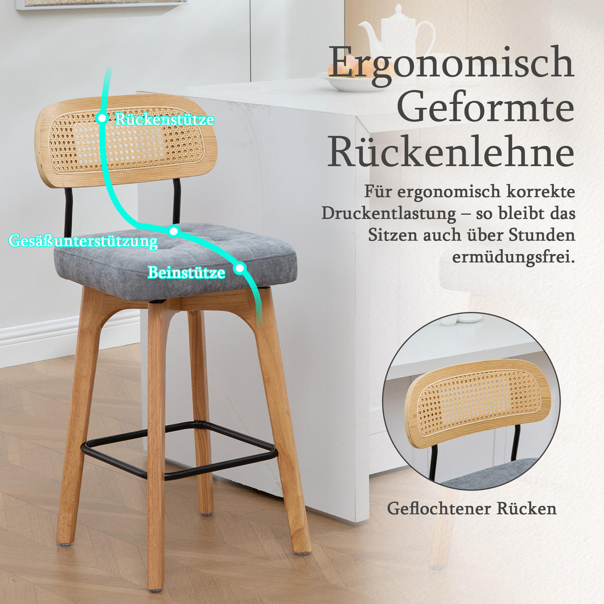 BARHOCKER 2er Set, 360° drehbar, Wiener Geflecht/Chenille, 67,5cm Sitzhöhe, Grau - Wildeiche/Grau, Holz/Textil (44/96/51cm) - LVHOM