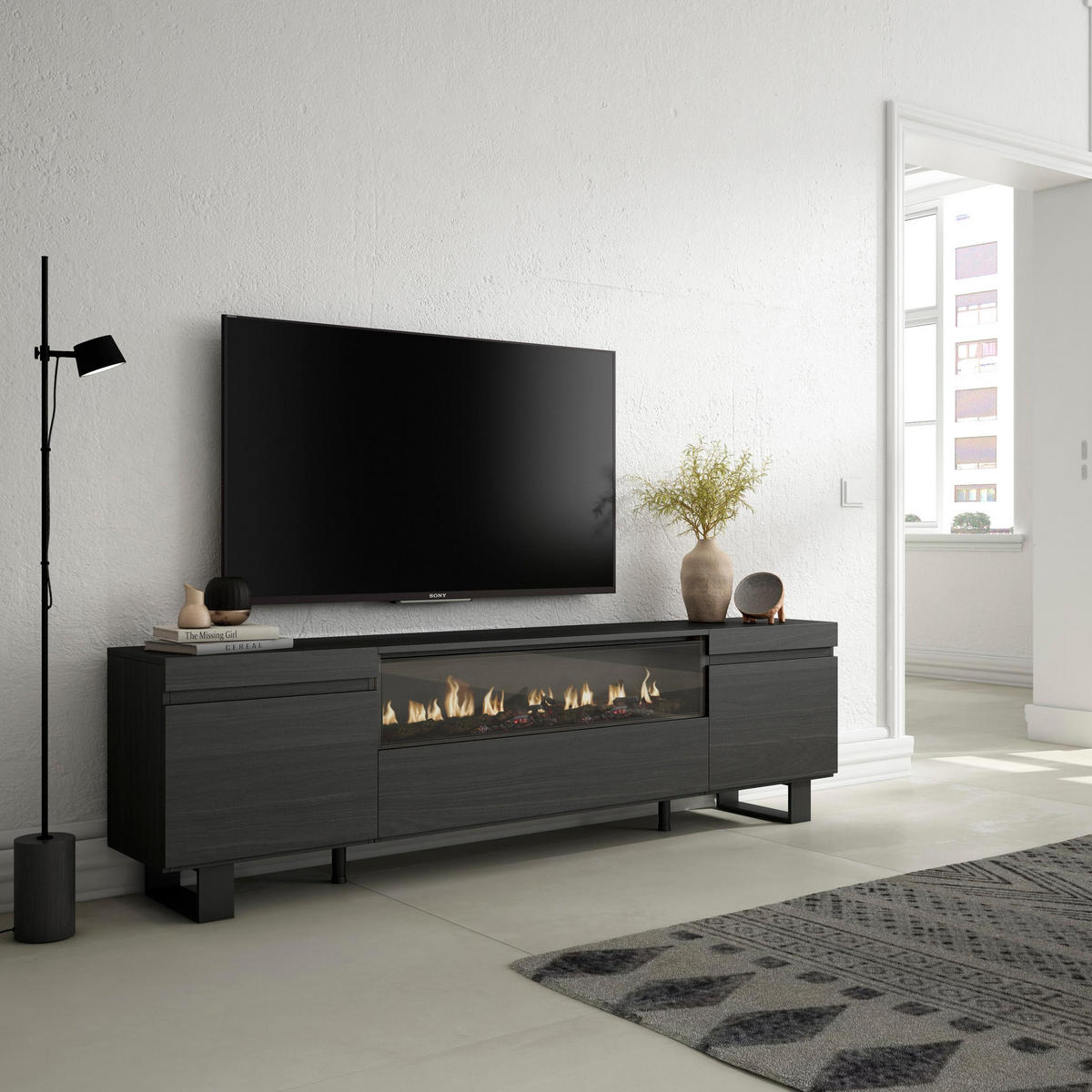 TV-SCHRANK mit Elektrokamin, schwarz, 200/35/57cm - Anthrazit, Holzwerkstoff (200/57/35cm) - Skraut Home