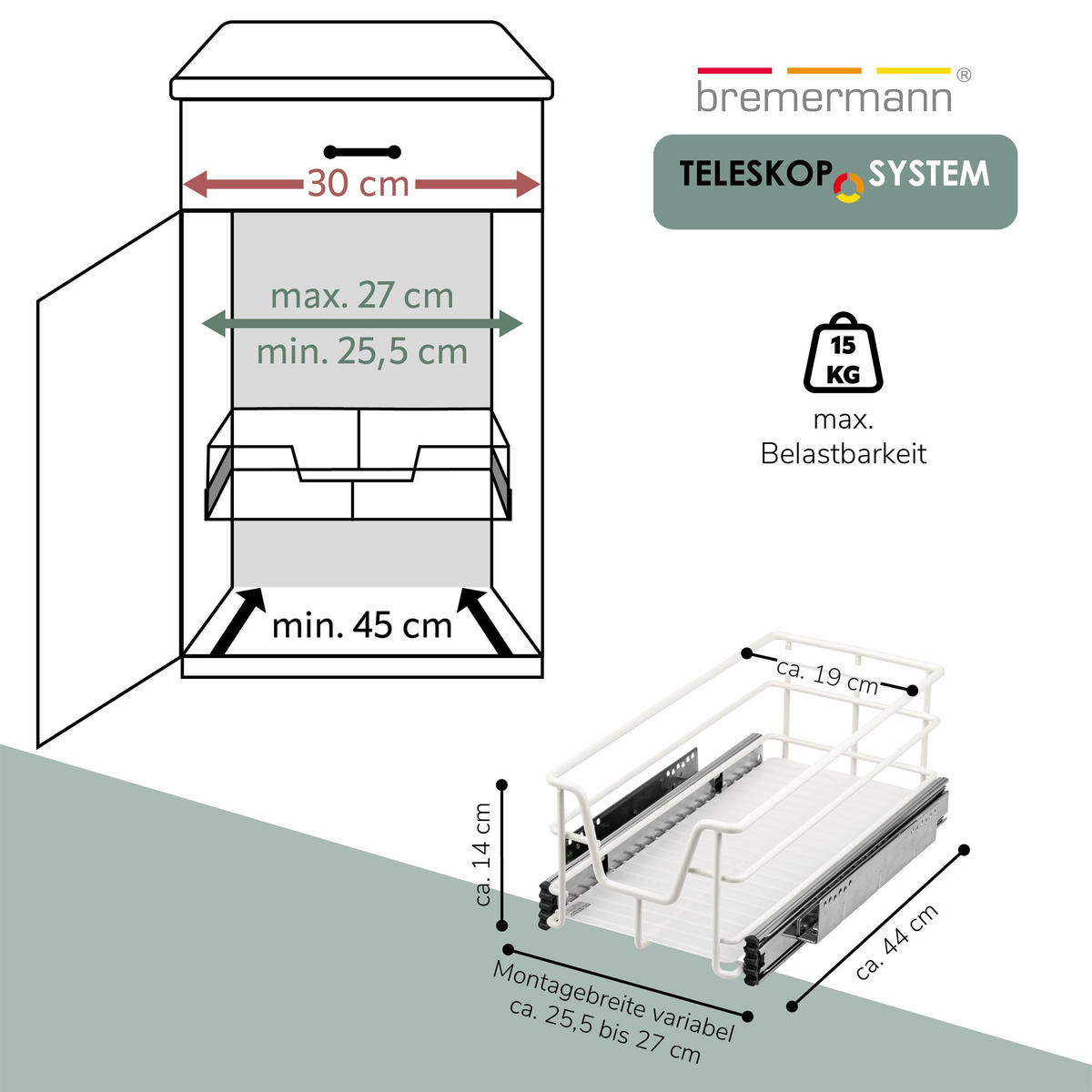 TELESKOPSCHUBLADE 30 cm, weiß, Metall - Weiß, Metall (27/14/44cm) - bremermann