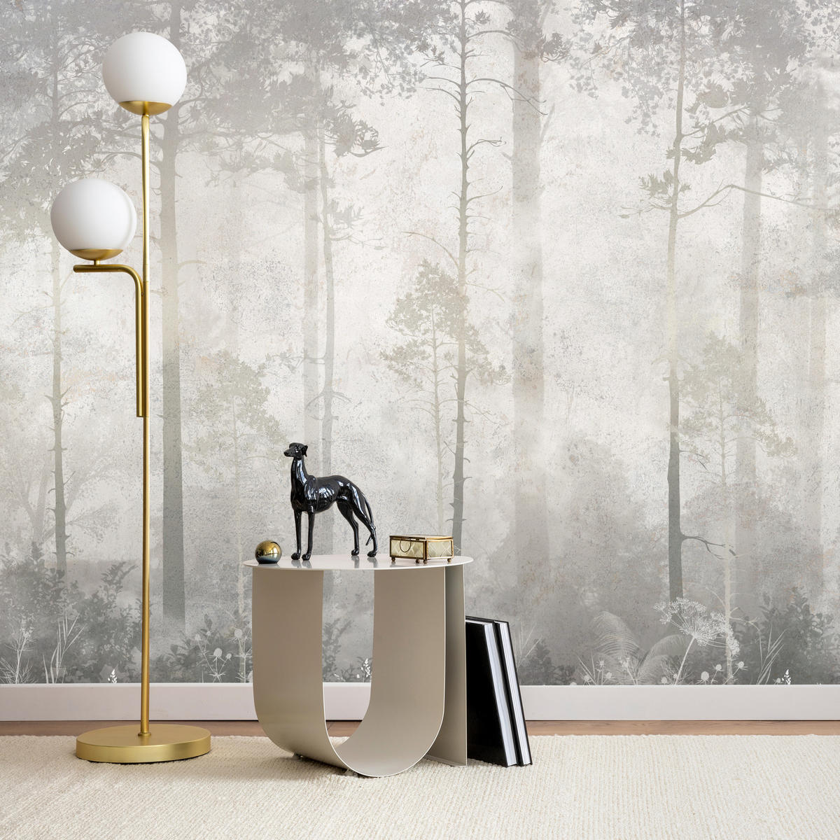 FOTOTAPETE für Wohnzimmer Nebliger Wald Vintage Bäume 300x210 - Beige/Grau, Papier (300/210cm) - Muralo