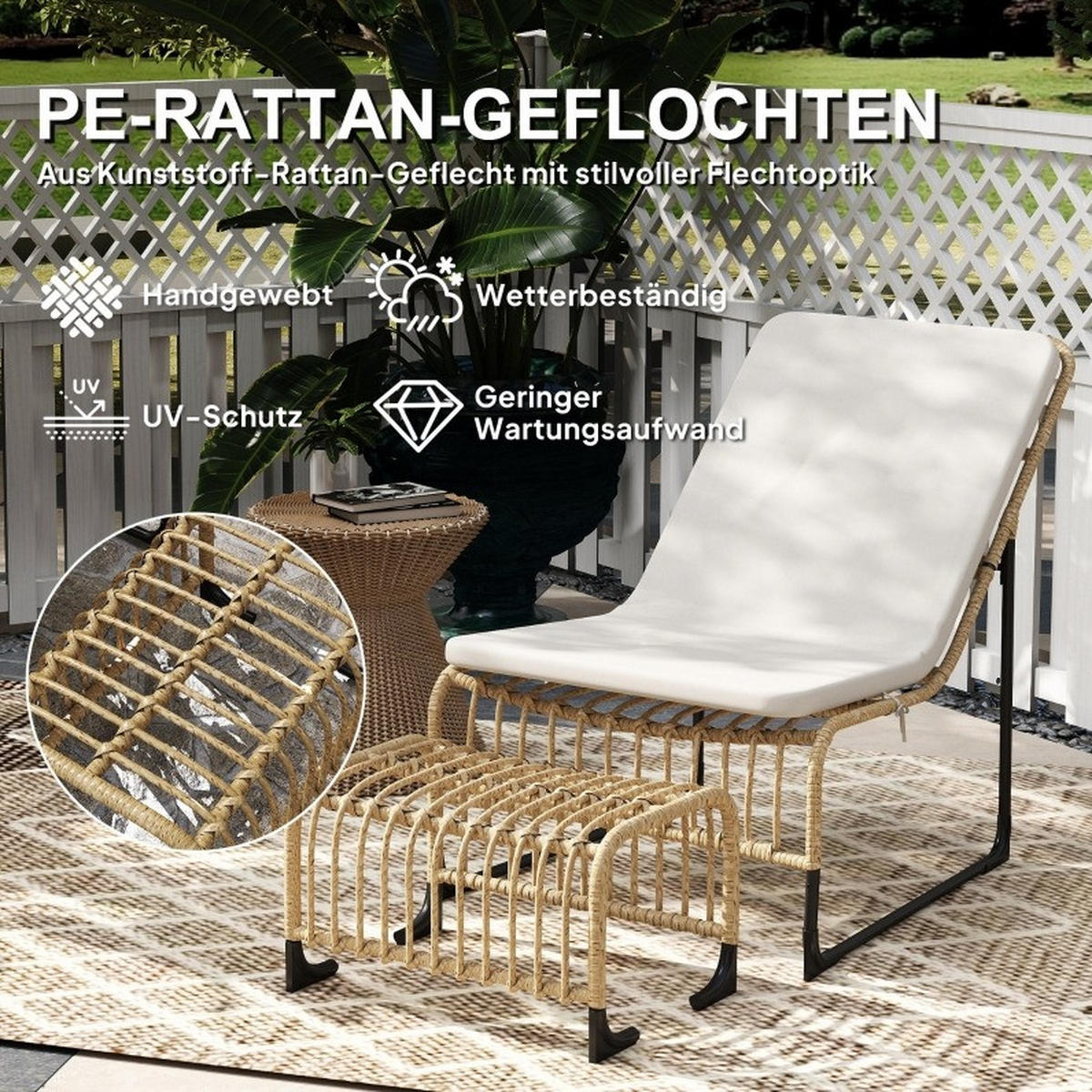 GARTEN-RELAXSESSEL aus Rattan & Metall 65x93x80 cm in Beige mit Fußhocker - Beige, Metall (65/80/96cm) - Modfu