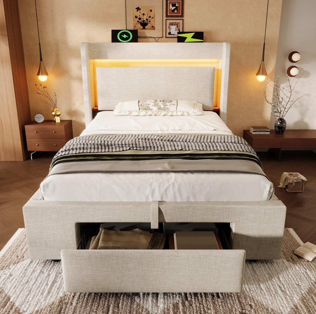 POLSTERBETT 90/200 cm mit Bettkasten, LED-Beleuchtung und USB-Anschluss - Beige, Textil (90/200cm) - BEAOK