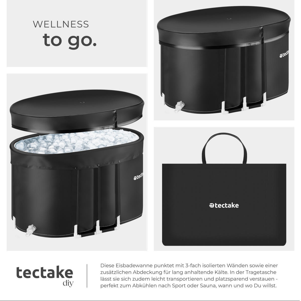 EISBADEWANNE Espoo,inkl. Tragetasche und Wasserkissen,schwarz - Schwarz, Kunststoff (105/66/70cm) - tectake