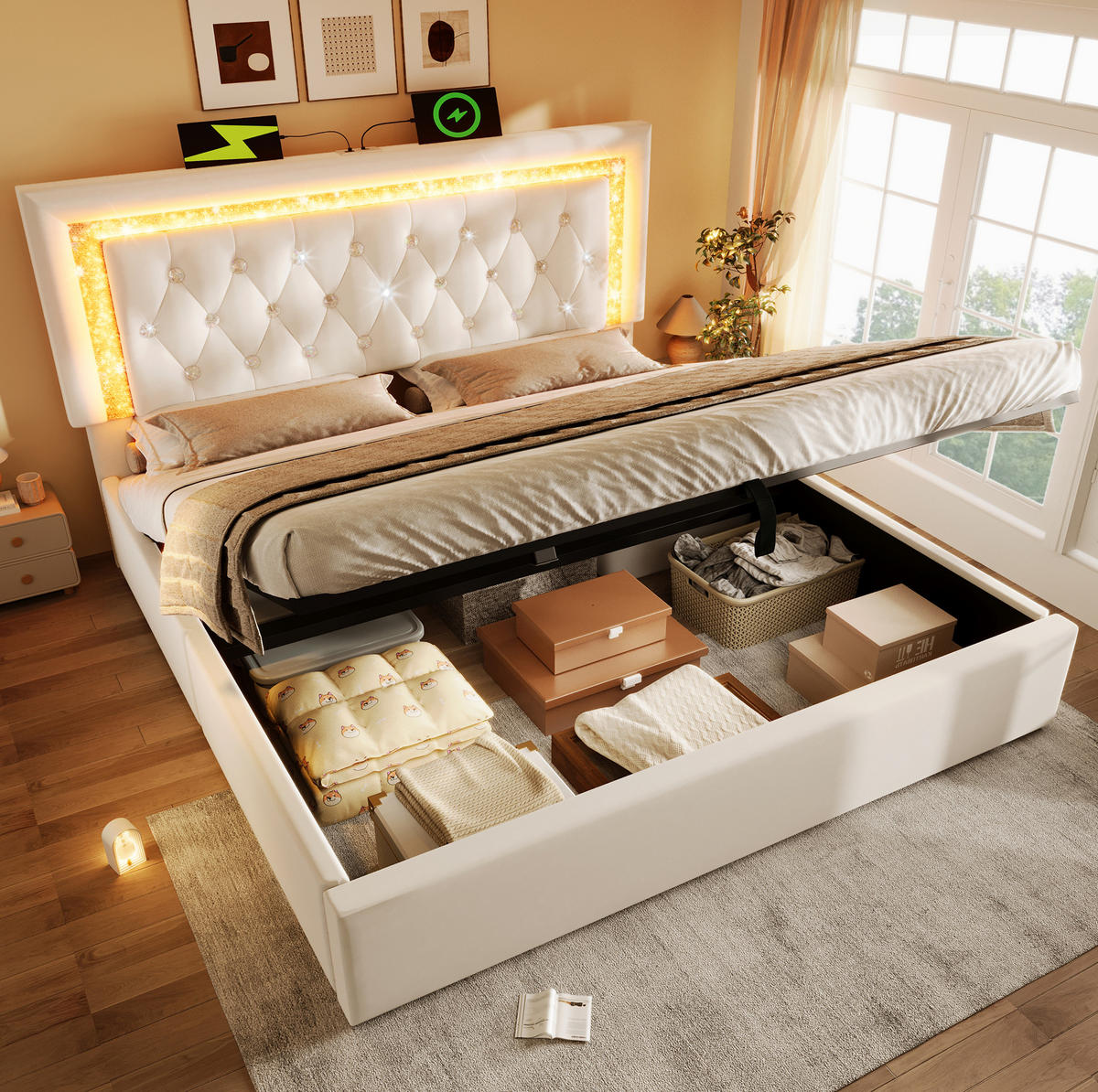 POLSTERBETT mit LED, USB und Stauraum 140x200 cm Samt Beige - Beige, Metall (140/200cm) - Meubliv