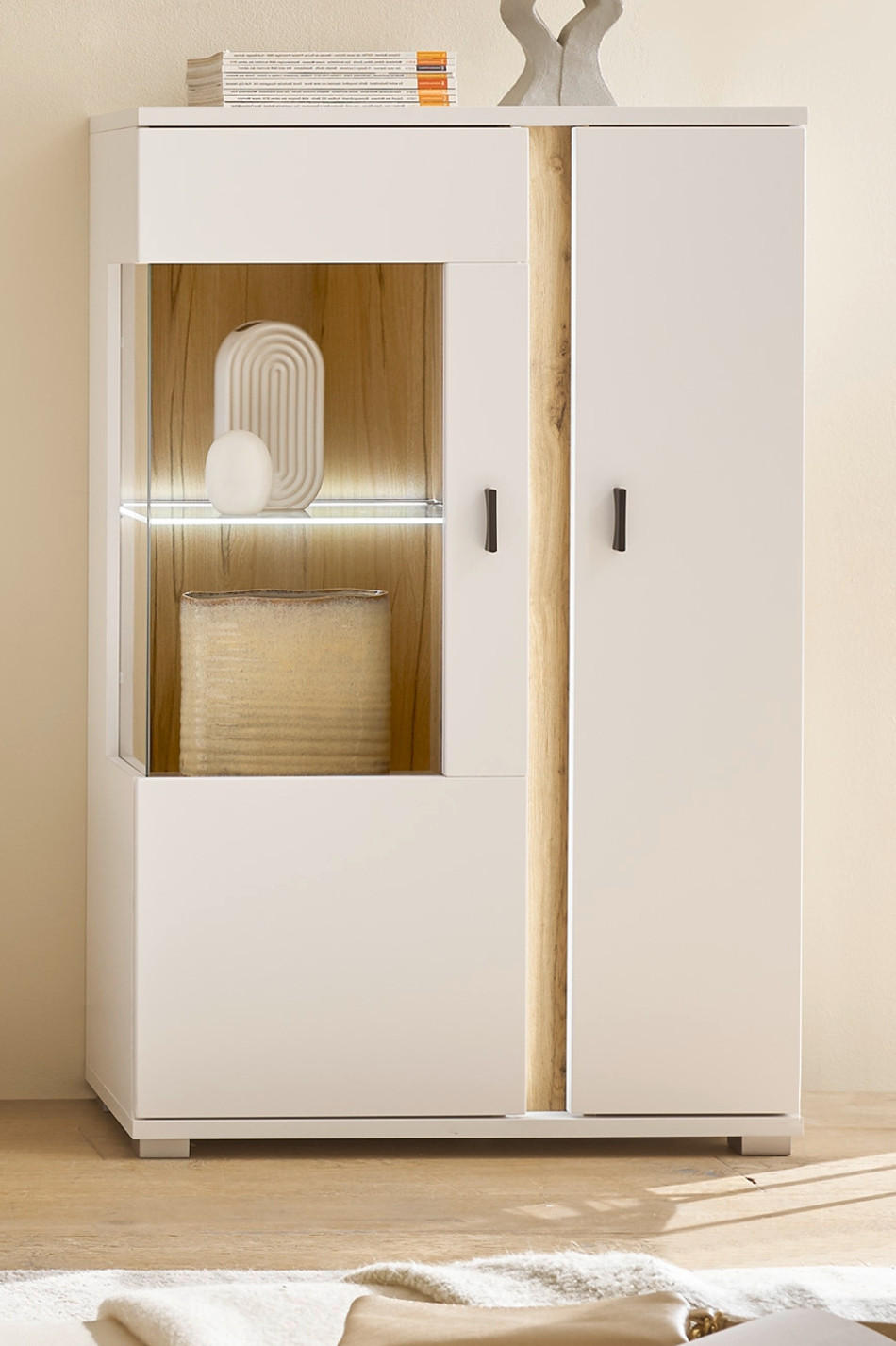 VITRINE weiß matt, Eiche Wotan 80 x 125 cm, Highboard inklusive Frontbeleuchtung - Silberfarben/Eiche Wotan, Glas/Holzwerkstoff (80/125/35cm) - Furn.Design