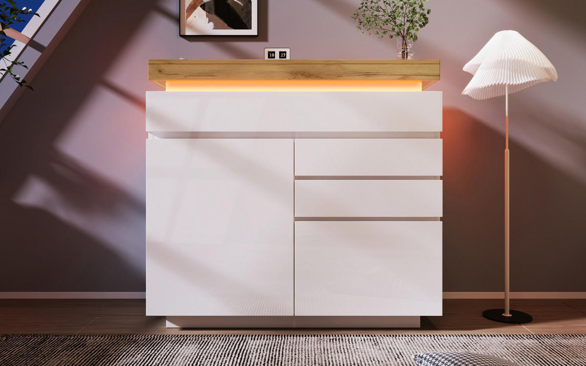 KOMMODE 110/39/115 cm in Weiß mit 2 Türen, 3 Schubladen und LED-Beleuchtung - Weiß, Holzwerkstoff (39/115/110cm) - Flora Grace