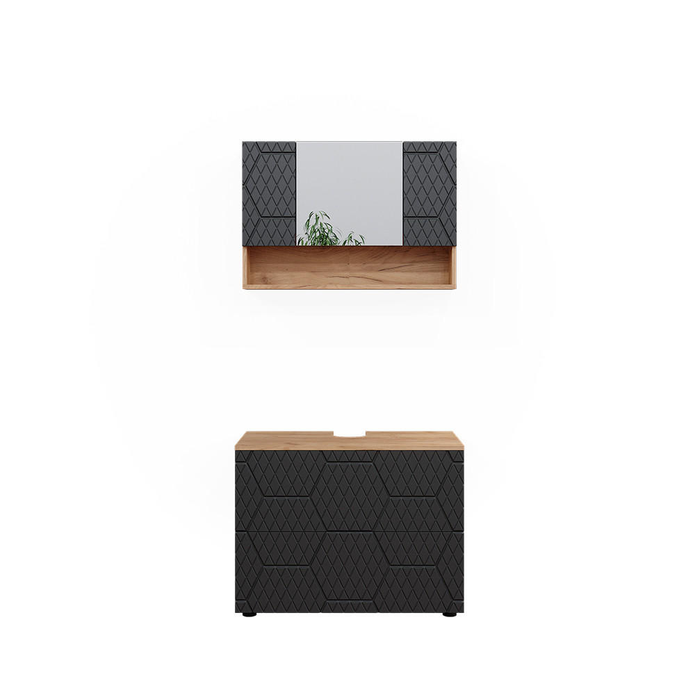 BADMÖBEL-SET Irma Anthrazit gestreift 2 Teile, Unterschrank 80 cm - Honigeiche/Anthrazit, Holzwerkstoff (80/58.6/41cm) - Vicco