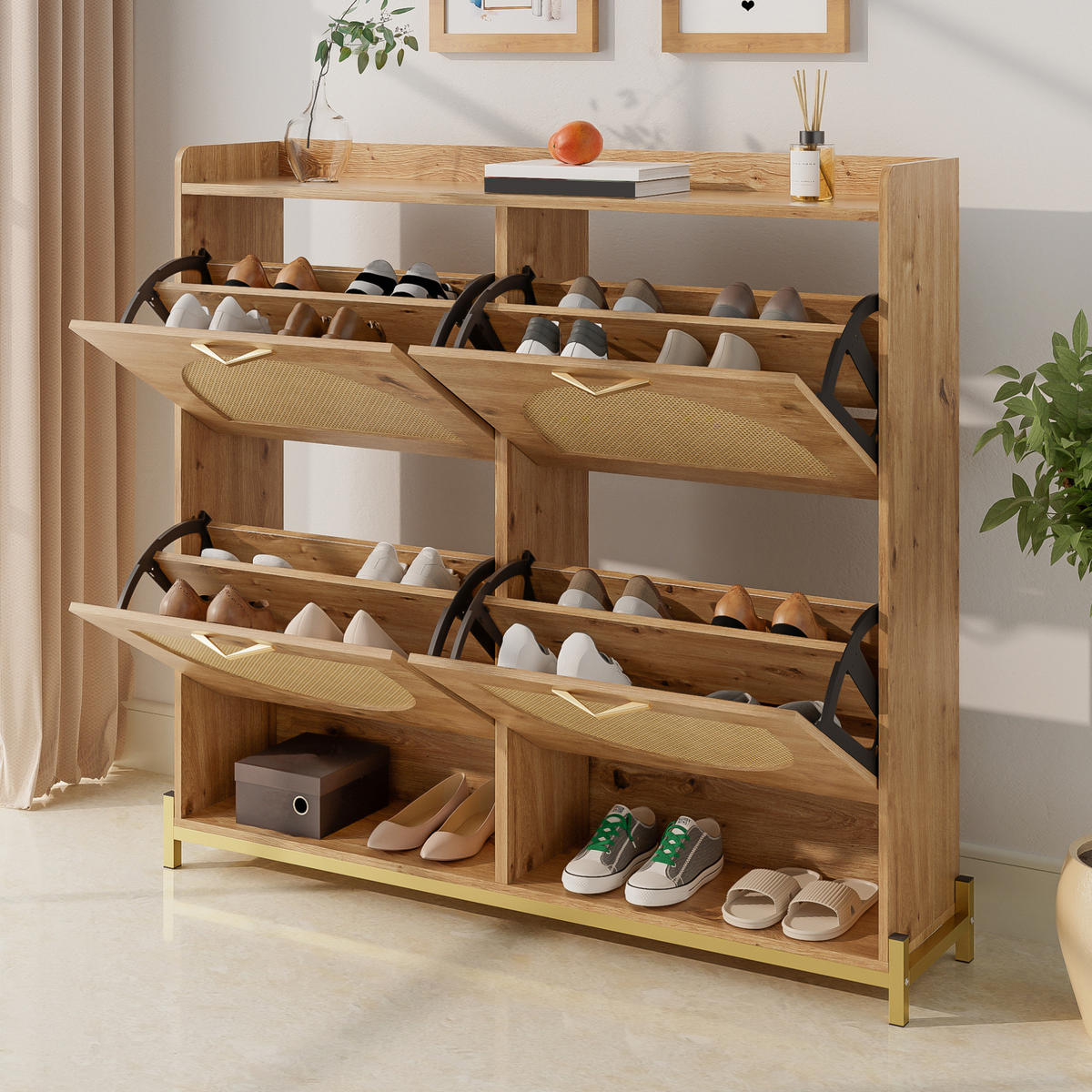 SCHUHSCHRANK 108,5/24/100 cm in Holzfarbe mit Rattantüren und Metallgestell - Naturfarben, Holzwerkstoff (108.5/100/24cm) - Flora Grace