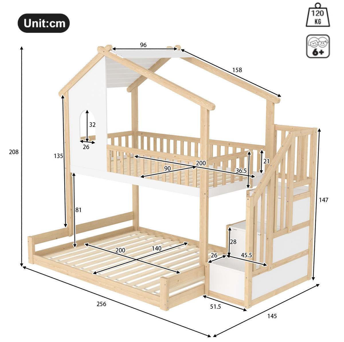 ETAGENBETT aus Kiefernholz 90x200/140x200 cm Natur/Weiß mit Stauraumleiter, Hausform, Fenster und Bettgitter - Naturfarben, Holzwerkstoff (90/200cm) - Modfu
