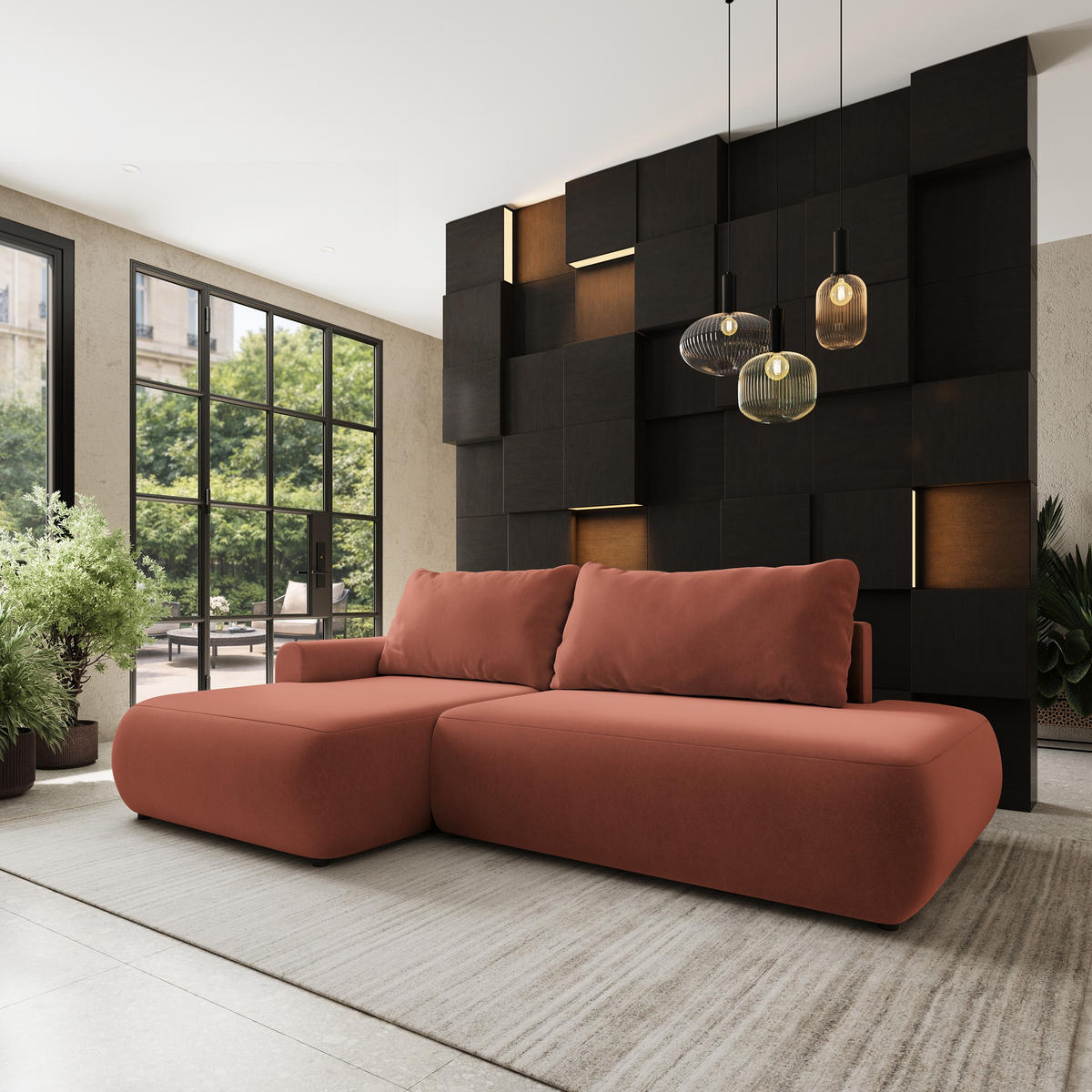 ECKSOFA NUVIRA CL L-S Koralle Samtstoff mit Schlaffunktion - Koralle, Holzwerkstoff/Textil (279/158cm) - MASSENO