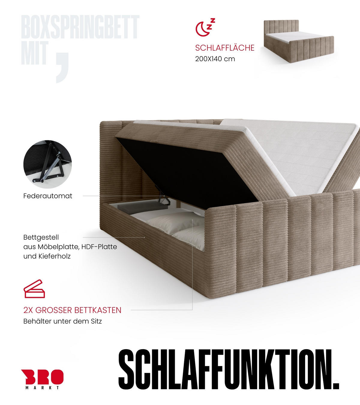BOXSPRINGBETT Denver DUO mit Topper 140x200 Beige - Sahara, Textil (140/200cm) - Bromarkt