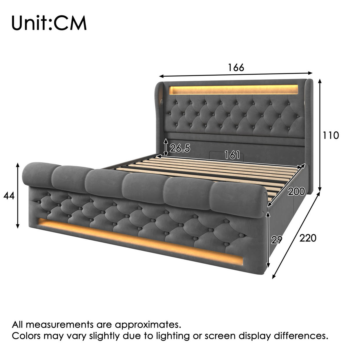 POLSTERBETT 160/200 cm Grau aus Samt mit LED Stauraum und USB Typ-C - Grau, Textil (160/200cm) - OKWISH