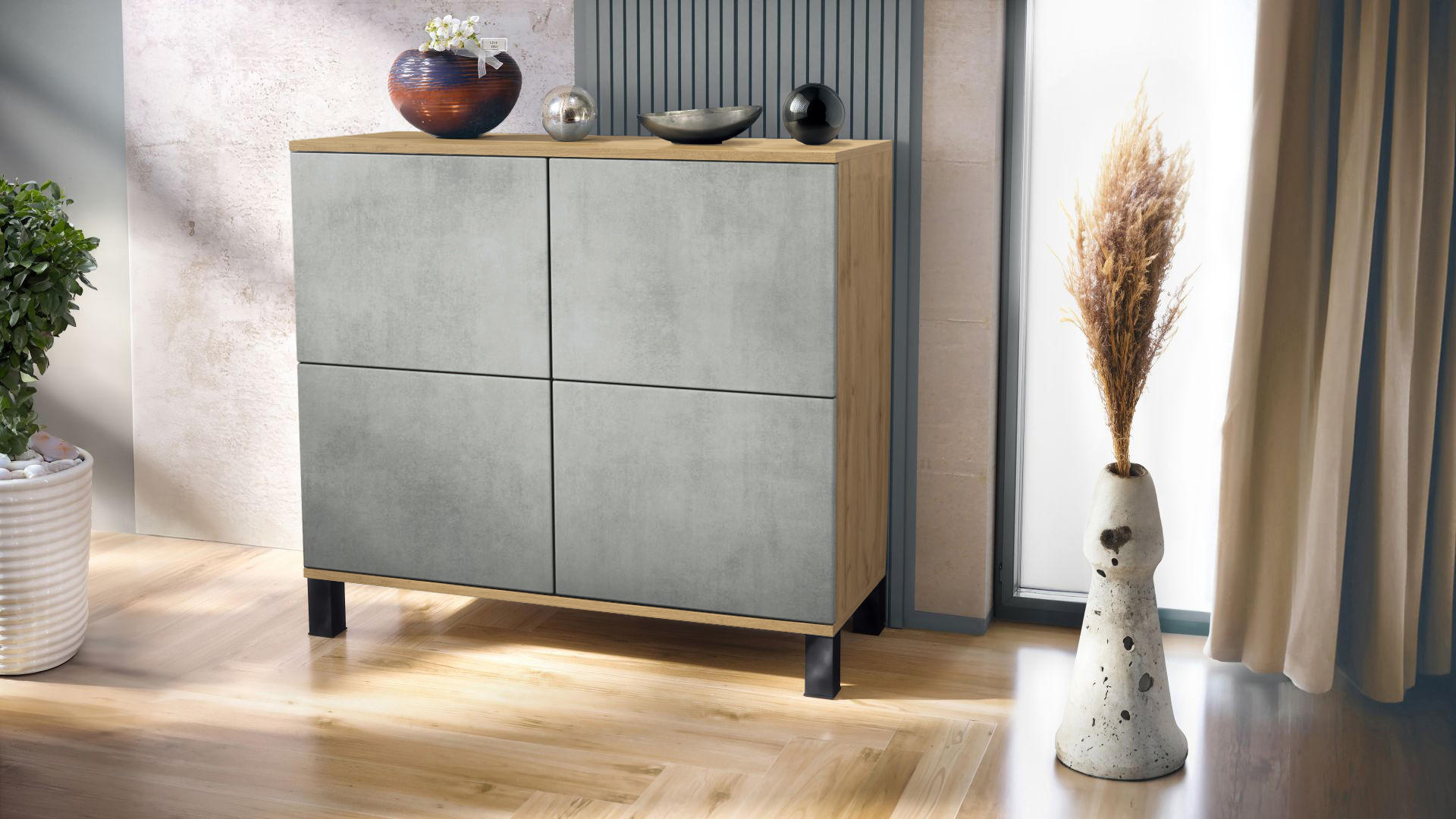 KOMMODE Rova Beton Oxid Optik - Hellgrau, Holzwerkstoff (92.5/84.5/35cm) - Vladon