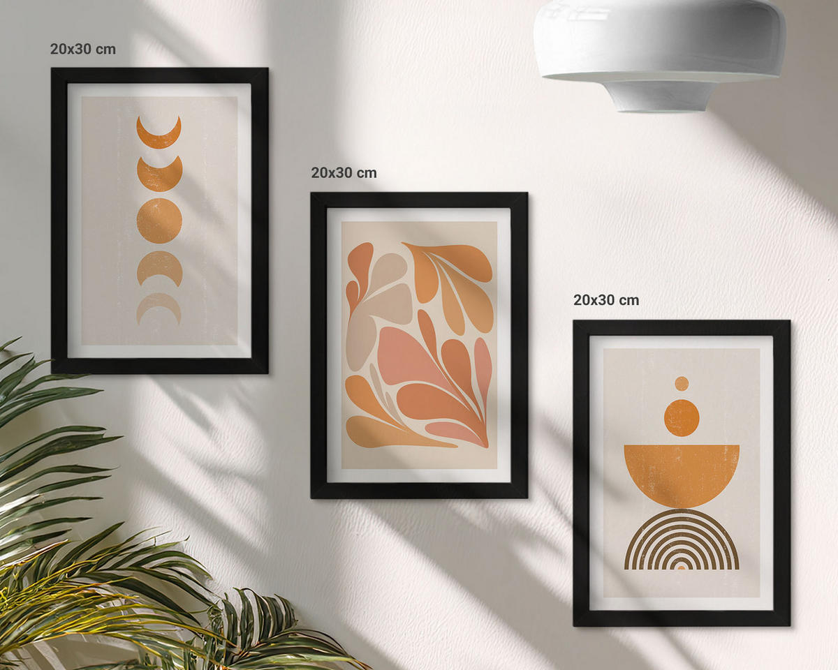 BILDER SET 3er Set - 20x30 cm Schwarzer Rahmen - Abstrakte orange Formen - Schwarz, Kunststoff (20/30cm) - TULUP