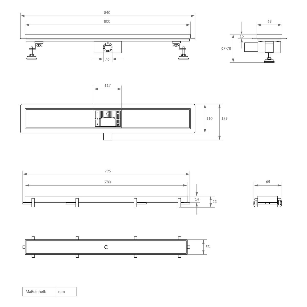 DUSCHRINNE 80cm - Silberfarben, Metall (13.9/7.8/84cm) - LuxeBath