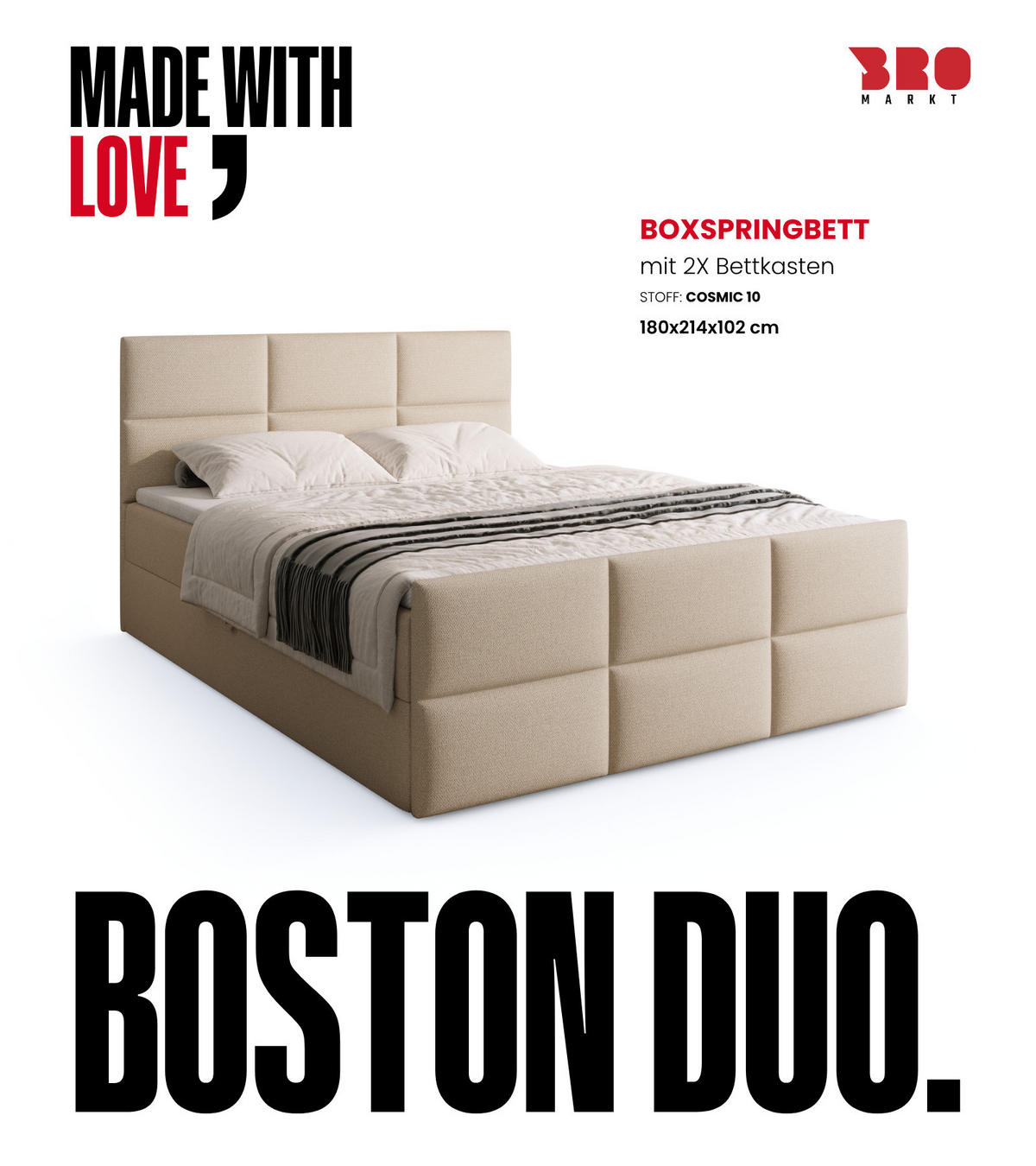 BOXSPRINGBETT Boston Duo Mit Bettkasten, Topper und Matratze Ecru Cosmic 10 180x200 cm - Ecru/Schwarz, Textil (180/200cm) - Bromarkt