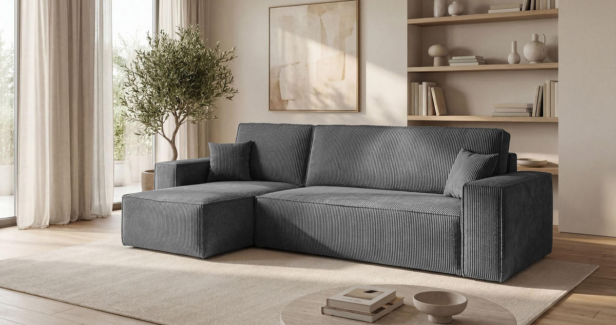 ROHOVÁ pohovka CALIFORNIA MINI levá tmavě šedá manšestr Poso 60 - funkce spaní, úložný prostor - antracitová, textil (245/140cm) - Cornero