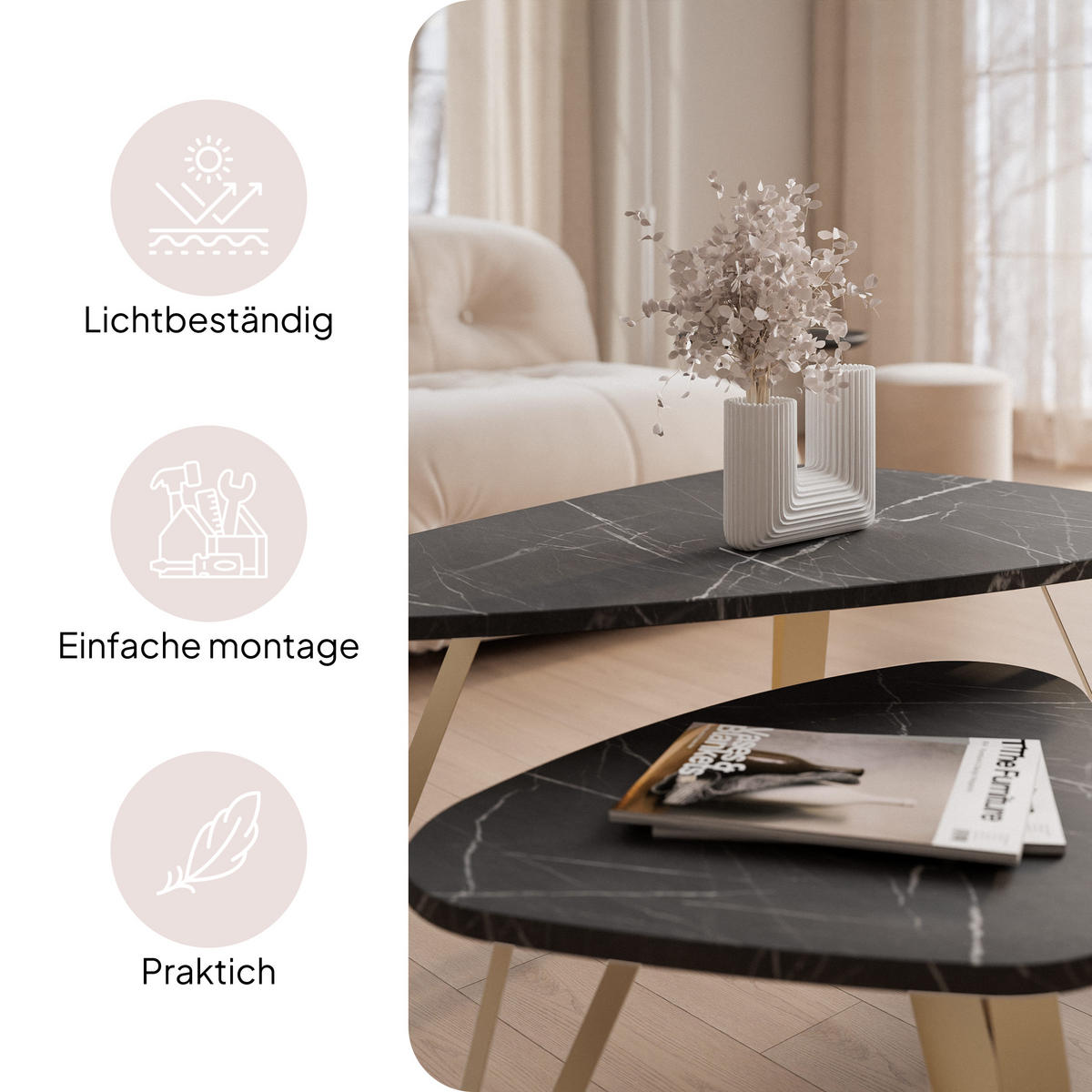 SATZTISCH NOA Stahlgestell, Freiform, Gold / Grigia Pietra - Goldfarben/Grau, Holzwerkstoff (94/60/42cm) - Idohome