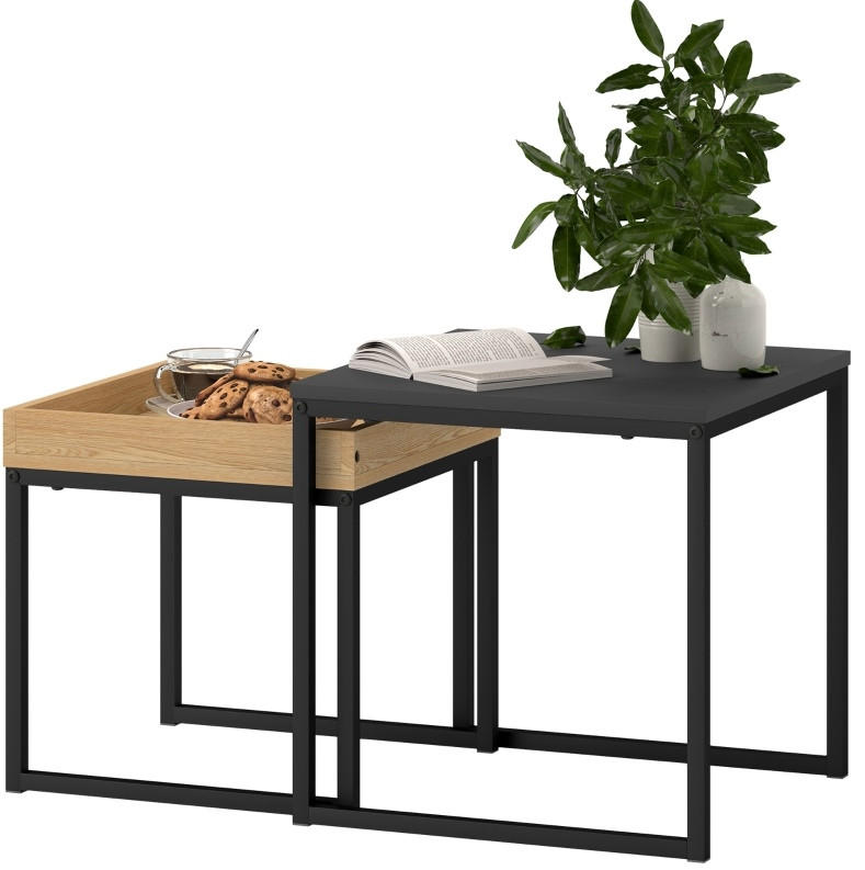 Modfu SADA konferenčních stolků z MDF a oceli 45x45x45/40x40x40 cm černá, 2 ks, zasouvací s odnímatelným podnosem