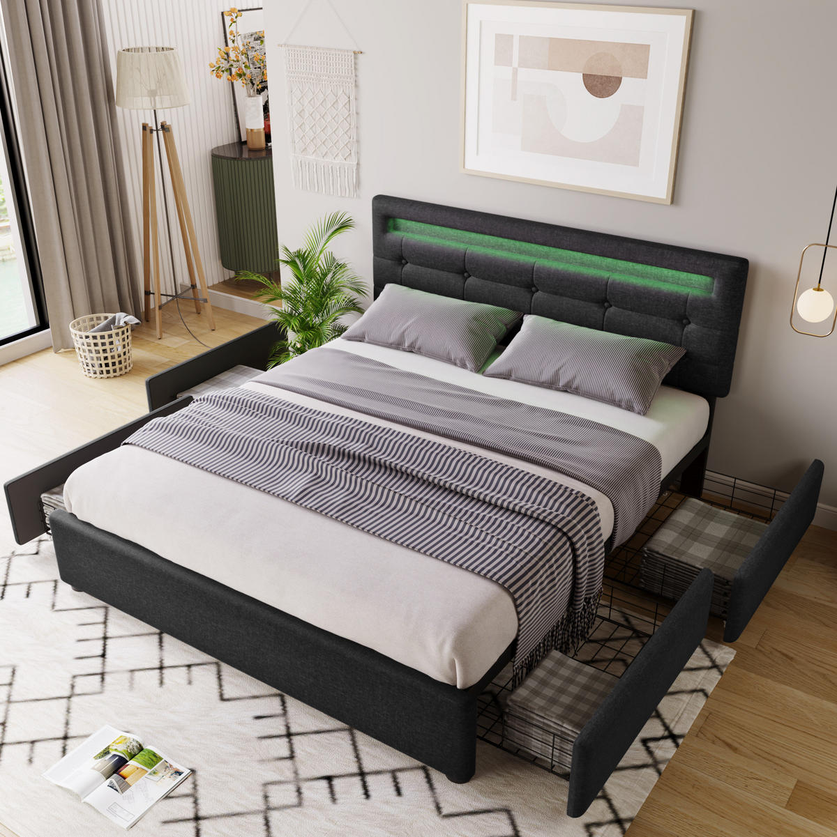BETT mit LED und 4 Schubladen 140x200 cm Leinen Schwarz - Schwarz, Metall (140/200cm) - Meubliv