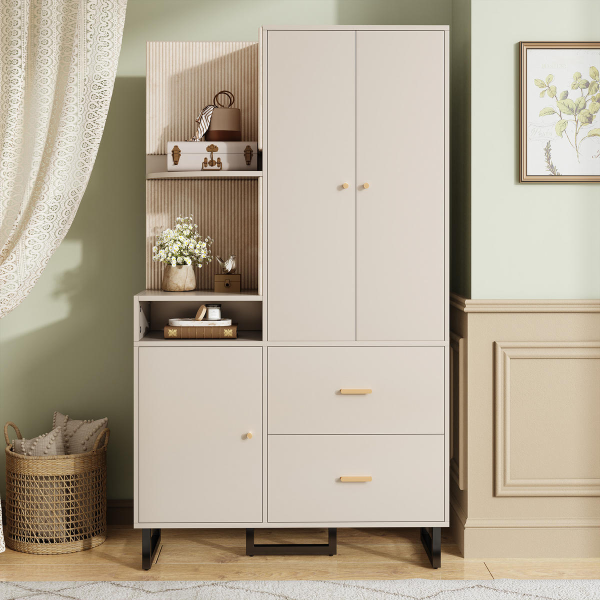 GARDEROBE 110x186cm gepolstert Schuhschrank Flur modern - Beige, Holzwerkstoff (38/186/110cm) - FLIEKS