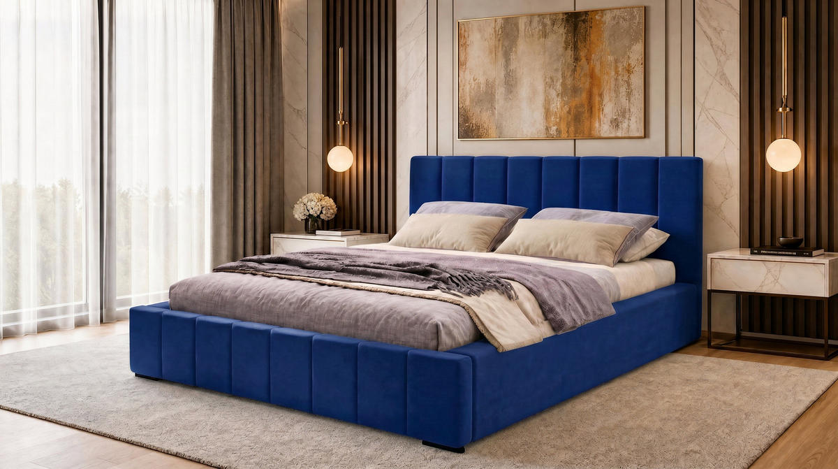MARPUR Polsterbett NERO 180x200 cm mit Bettkasten und Lattenrost, Dunkelblau - Chromfarben/Dunkelblau, Holz/Holzwerkstoff (180/200cm) - Marpur