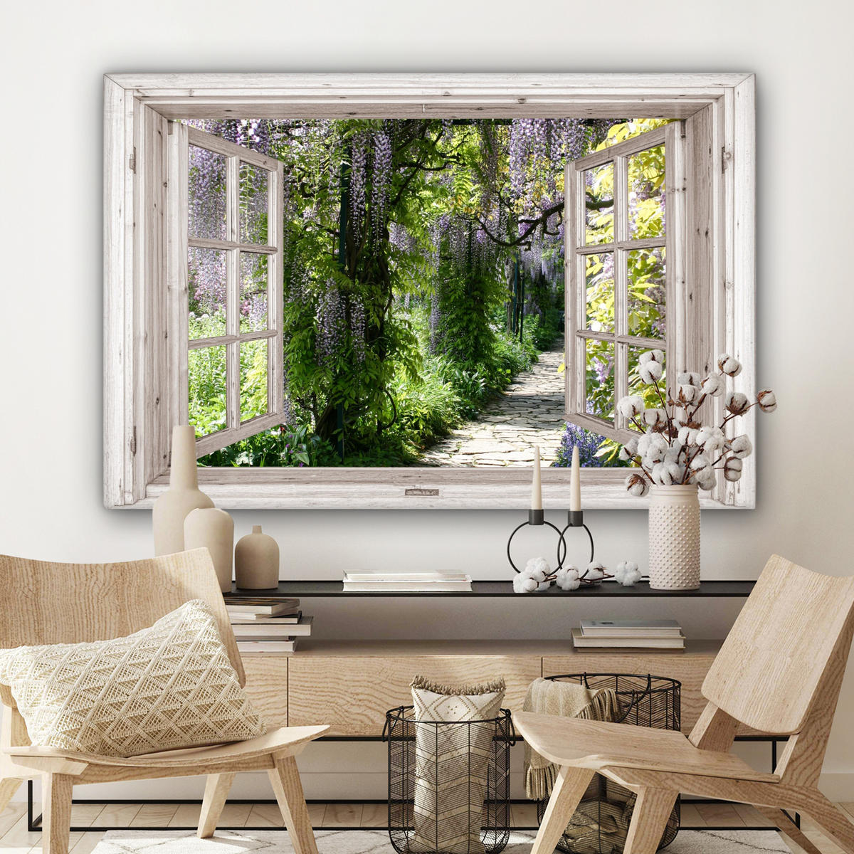 LEINWANDBILD Blauer Regen - Blumen - Aussicht - Baum - Frühling Wohnzimmer Groß 120x80 cm - Grün, Textil (120/80cm) - MuchoWow