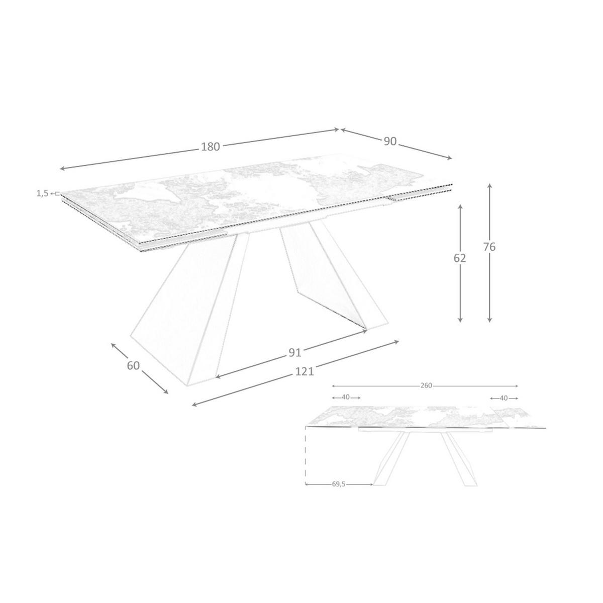 ESSTISCH Rechteckiger ausziehbarer Esstisch aus Porzellanmarmor und taupefarbenem Stahl 180/90/76 cm - Goldfarben/Weiß, Stein (90/180/76cm) - ANGEL CERDA