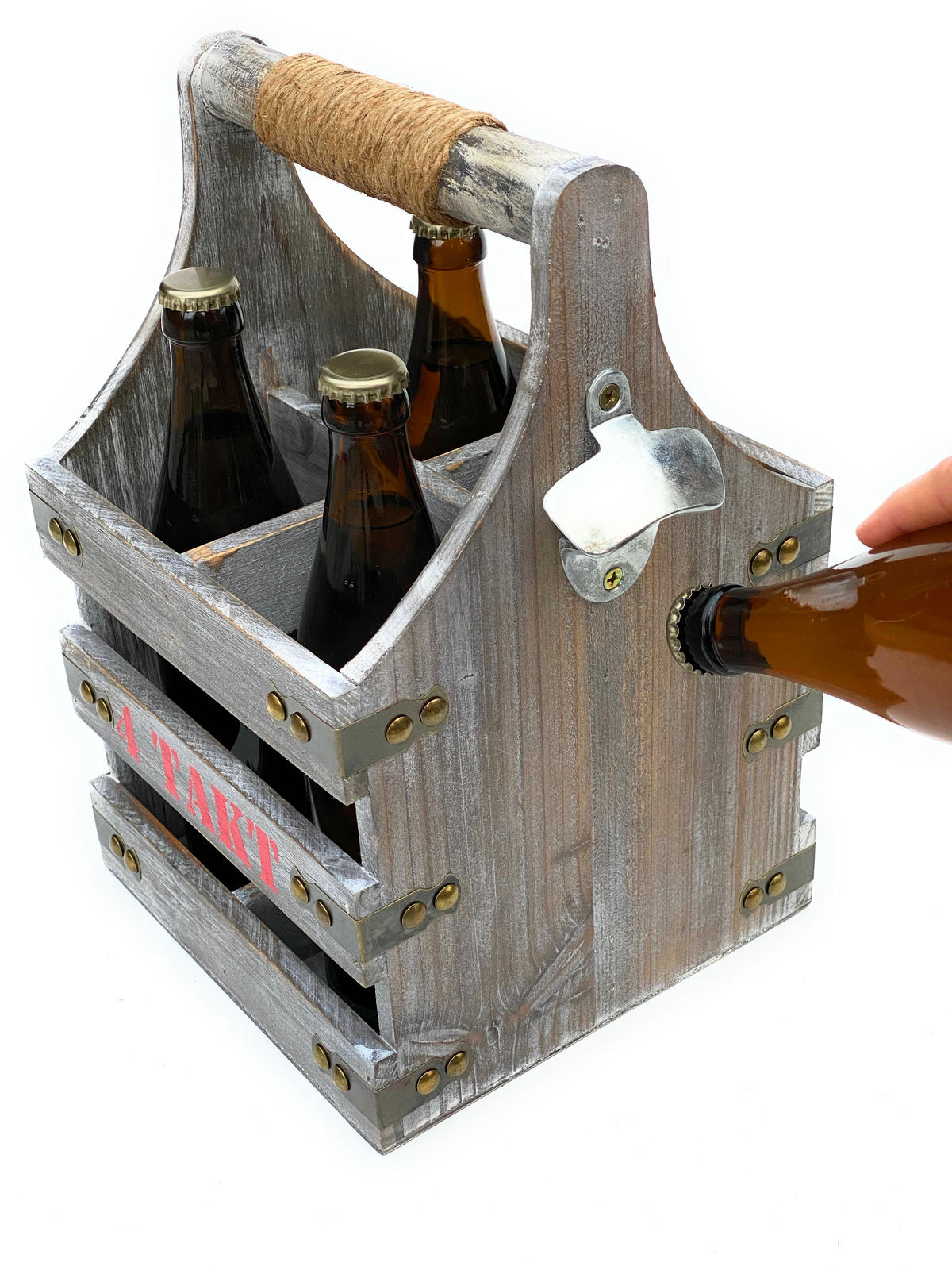 BIERTRÄGER aus Holz mit Flaschenöffner 4 Takt 96034 - Grau, Holz (21/32/21cm) - DanDiBo