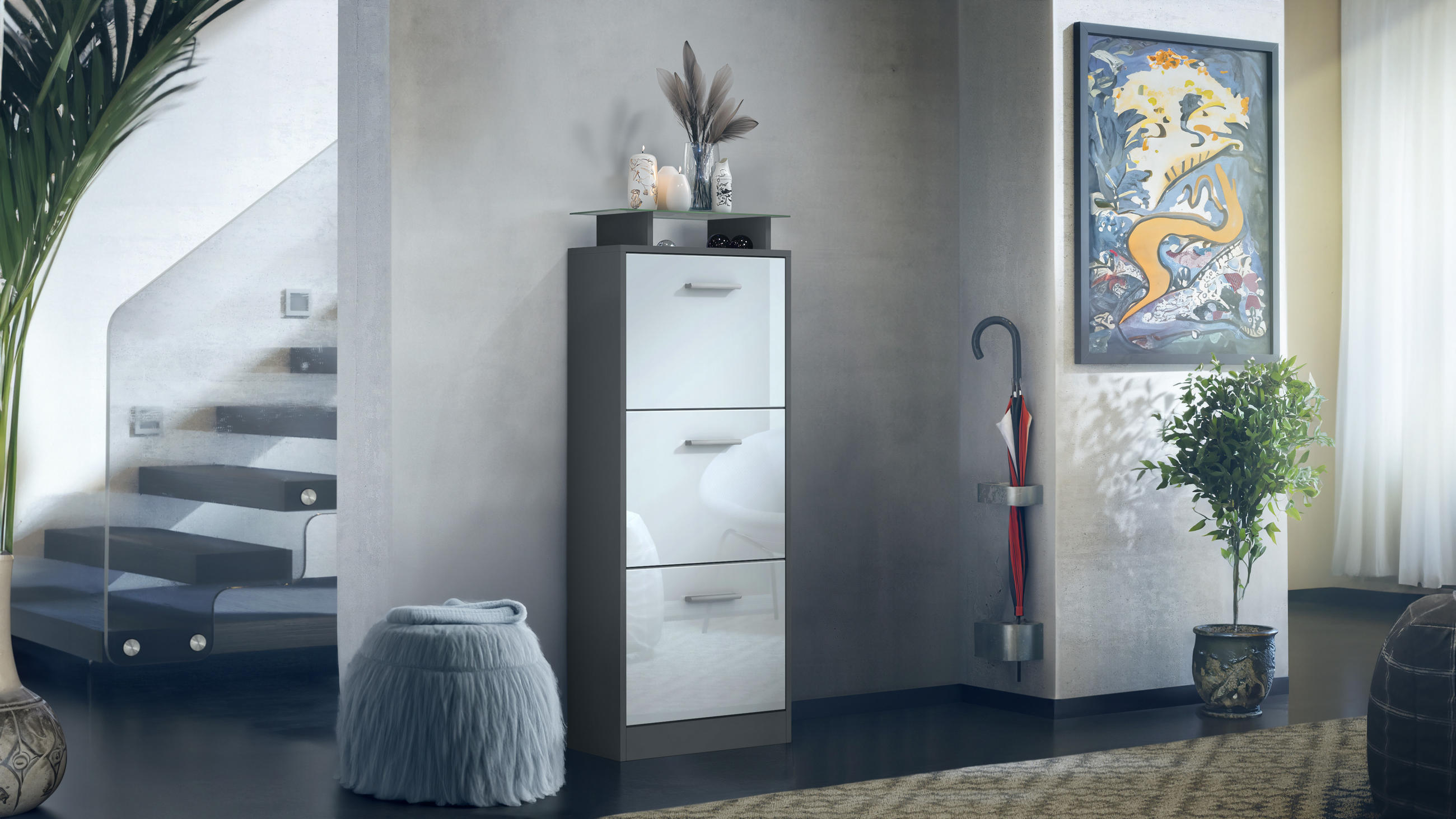 SCHUHSCHRANK Lavia Front in Weiß Hochglanz - Weiß Hochglanz, Holzwerkstoff (46/128/23cm) - Vladon