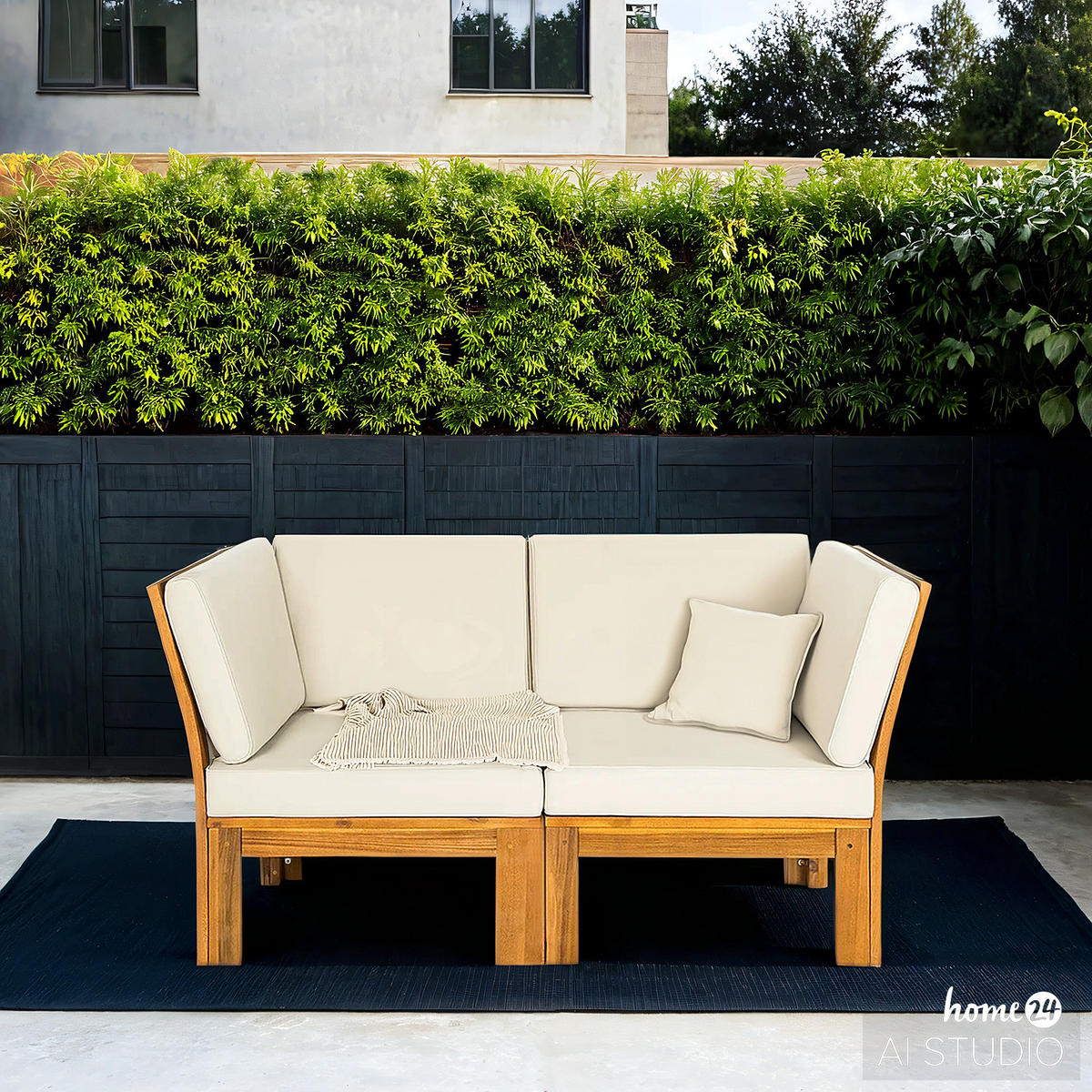 LOUNGEGRUPPE - 2-teilig - Webstoff / Akazie massiv - Weiß, Holz/Textil - home24