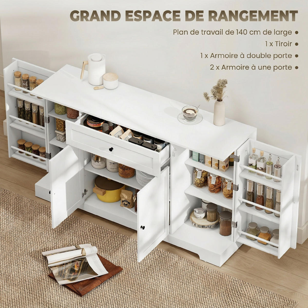 SIDEBOARD Weiß, 4 Türen, 1 Schublade, 140/40/80 cm - Weiß, Holz (140/80/40cm) - PANGIVO