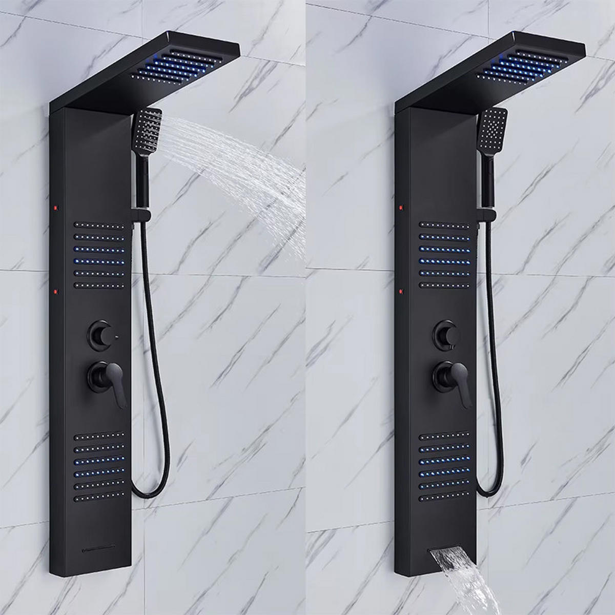 DUSCHPANEEL Edelstahl 304, Schwarz, Mit Wasserfall Und Massage - Schwarz, Metall (20/113/46cm) - Kaket