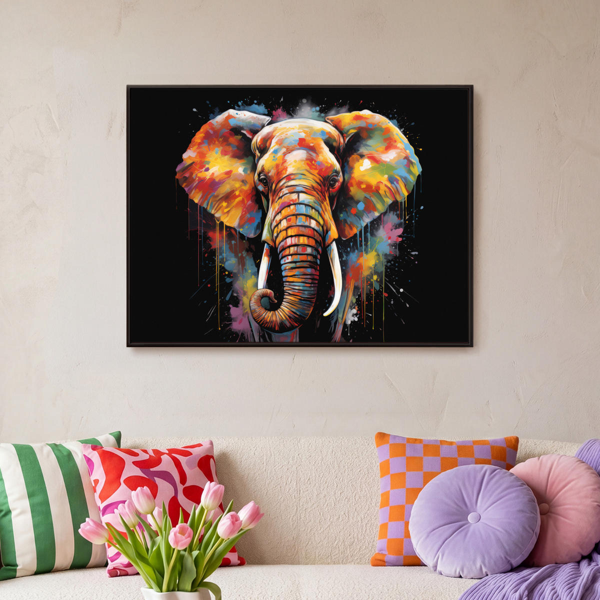 LEINWAND Bilder mit Rahmen - Elefant - Graffiti - Schwarz - Tiere - Farben - 80x60 - Schwarz, Textil (80/60cm) - MuchoWow