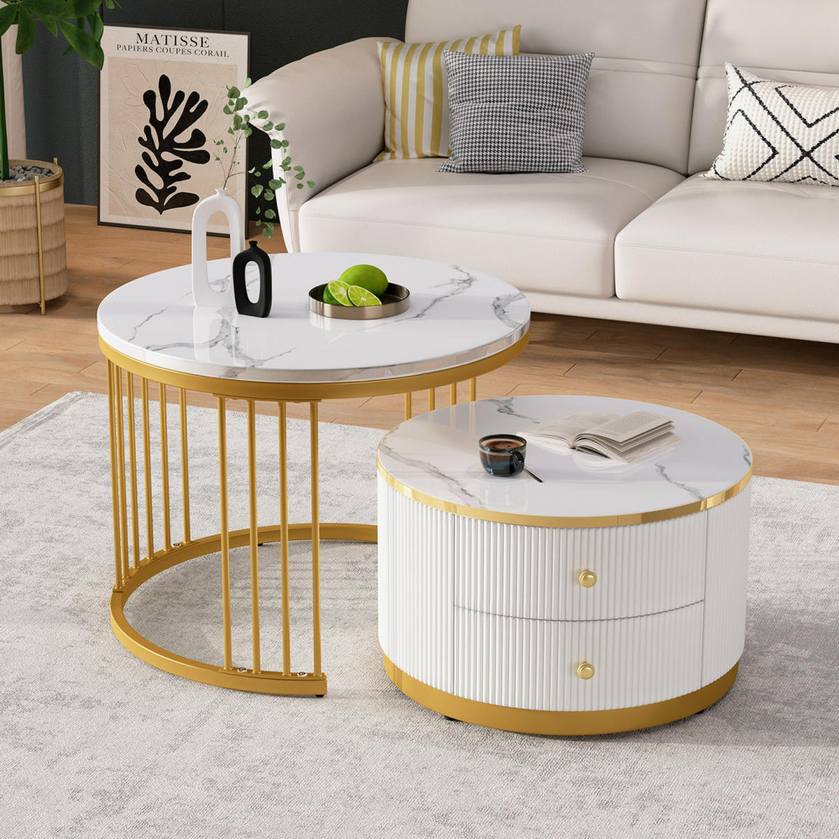 COUCHTISCH SET 2-TEILIG Nestform Hochglanz Marmoroptik 2 Schubladen Weiß - Weiß, Holz (68.58/68.58/38.99cm) - FLIEKS