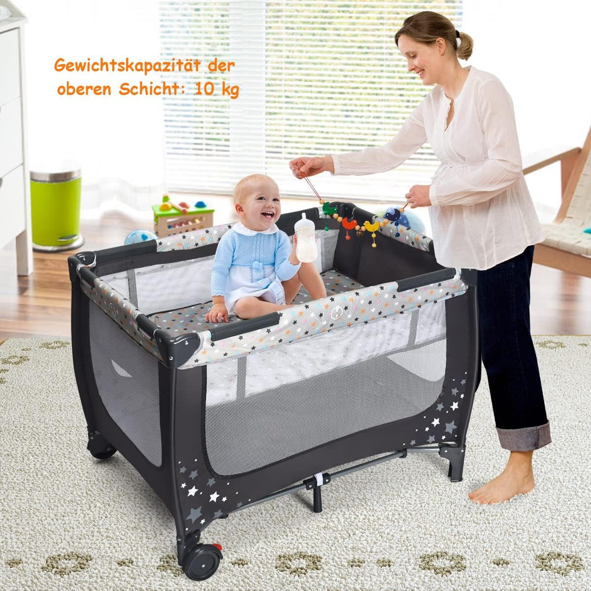 BABYBETT 2 in 1 Reisebett klappbar Grau - Grau, Textil - COSTWAY