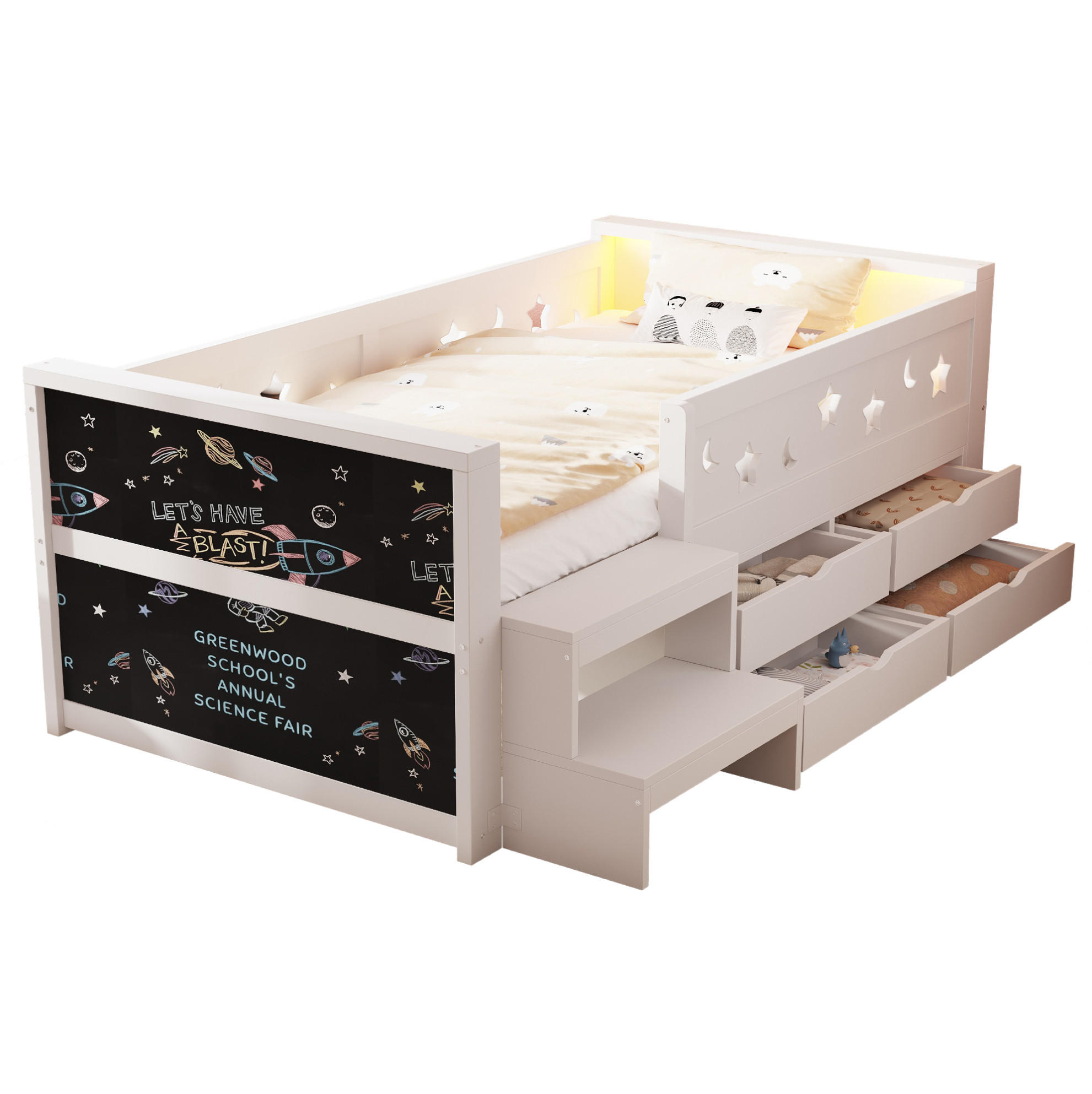 KINDERBETT Holz 90x200 cm Weiß mit LED, Tafel, 4 Schubladen und Sicherheitsgitter - Weiß, Holz (90/200cm) - Modfu