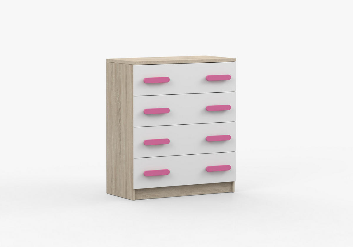 JUGENDZIMMER Elora in Eiche und Weiß – 4-teiliges Set mit Schreibtisch, Kommode, Wandregal und Schrank – Grifffarbe Rosa - Braun, Holzwerkstoff (80/200/120cm)