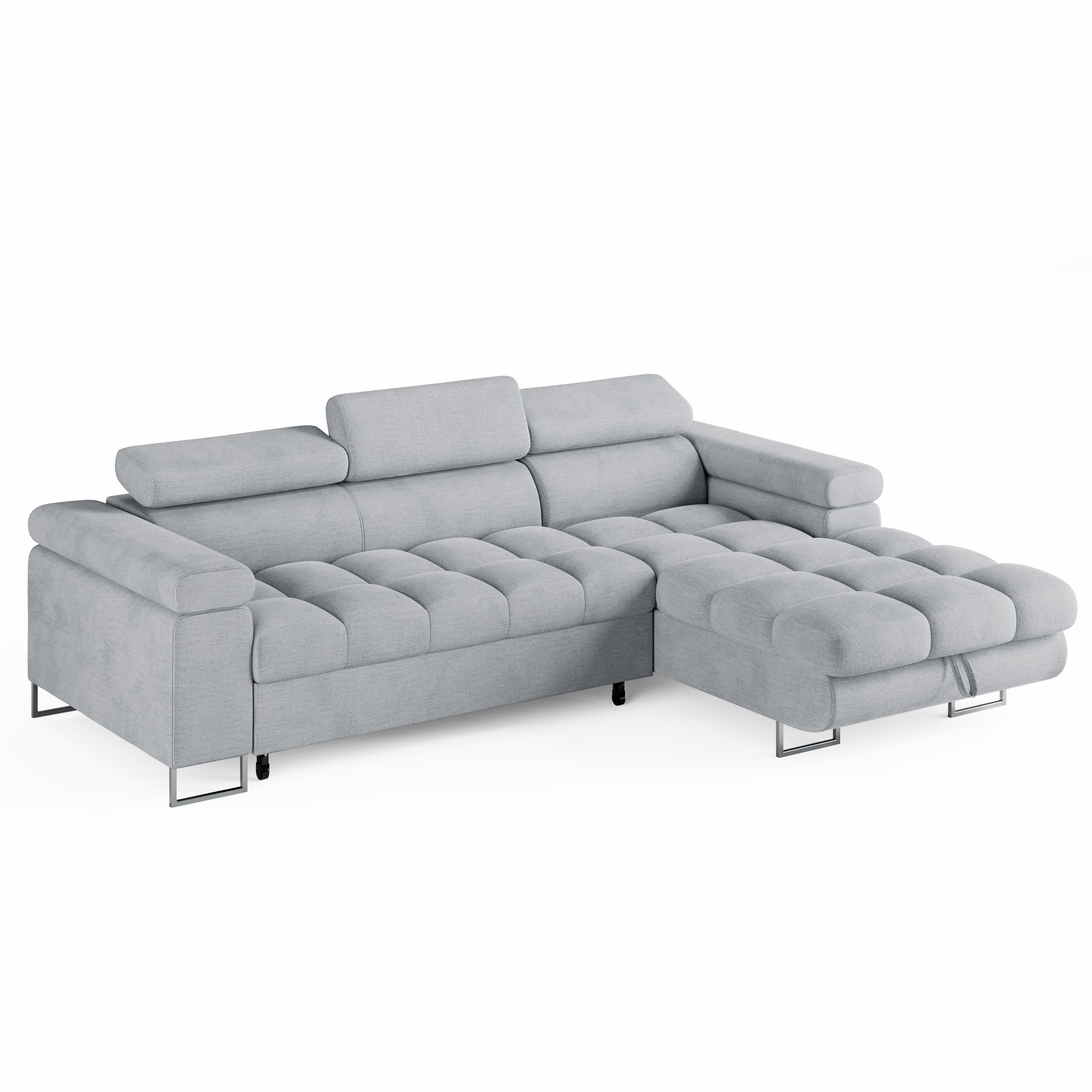 ECKSOFA CLOUD Rechts Hellgrau L-Form Velours-Stoff mit Schlaffunktion und Bettkasten - Chromfarben/Hellgrau, Holz/Metall (175/235cm) - Barchello