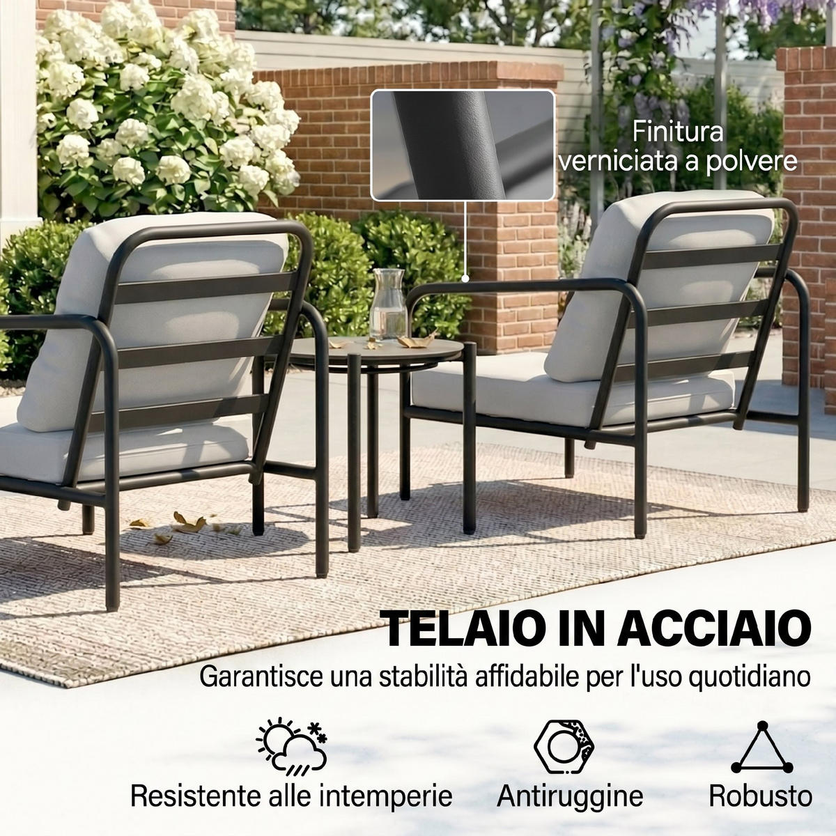 GARTEN-BEISTELLTISCHSET Schwarz, Hellgrau 3 Stück - Schwarz, Naturmaterialien (77/63/76cm) - GiPP