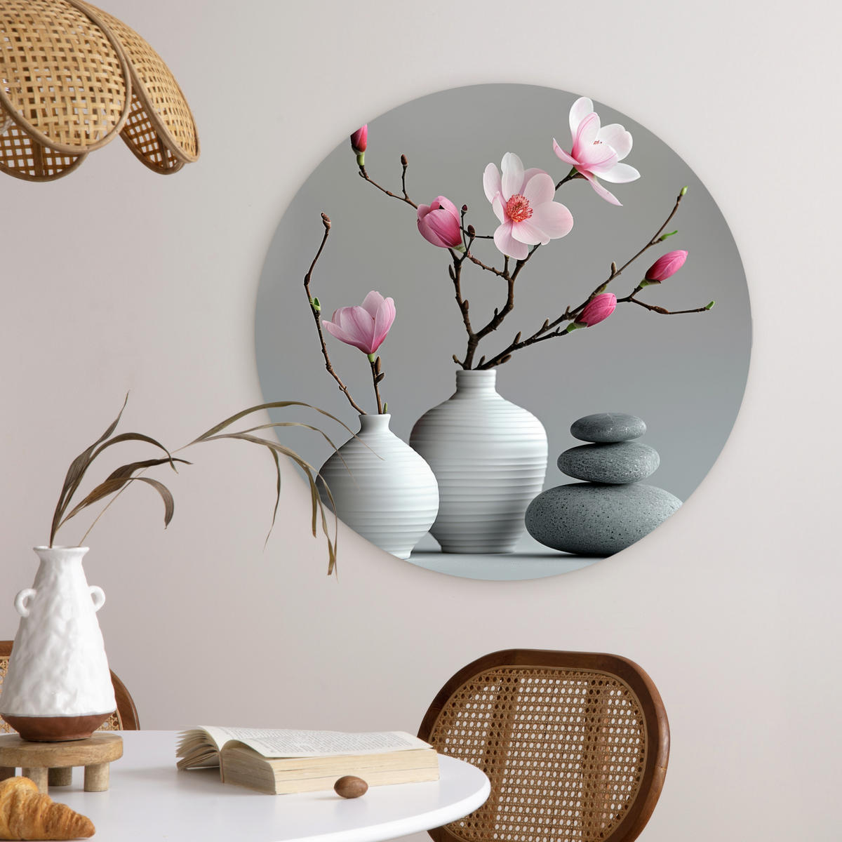 WANDBILD Magnolie - Blumen - Rosa - Zen-Steine 60x60 cm - Hellgrau, Kunststoff (60/60cm) - MuchoWow