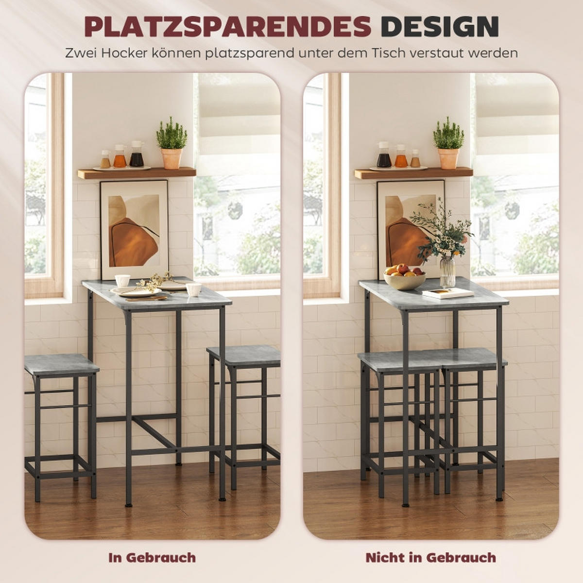 BARTISCH-SET DE-39293 80/50 cm Tisch mit 2 Hockern Grau/Schwarz - Grau, Metall (80/87/50cm) - ComfortXL