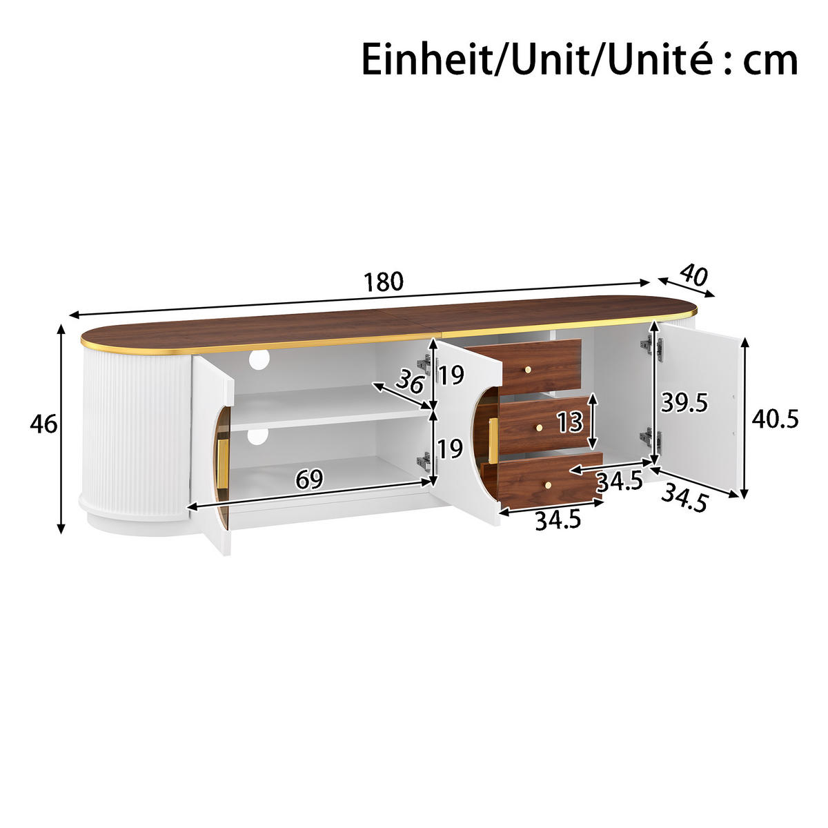 TV-SCHRANK Lowboard Braun Glas MDF Rillenoptik Aluminiumgriffe - Weiß, Holzwerkstoff (180/46/40cm) - FLIEKS