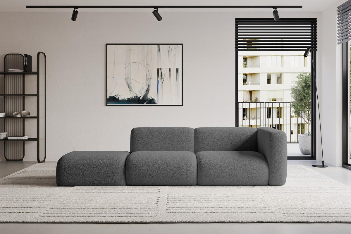 SOFA Ottomane Rechts MIRA-S3 296x89x70 Grau Bouclé - Platinfarben/Schwarz, Holzwerkstoff/Kunststoff (296/70/89cm) - ALTDECOR