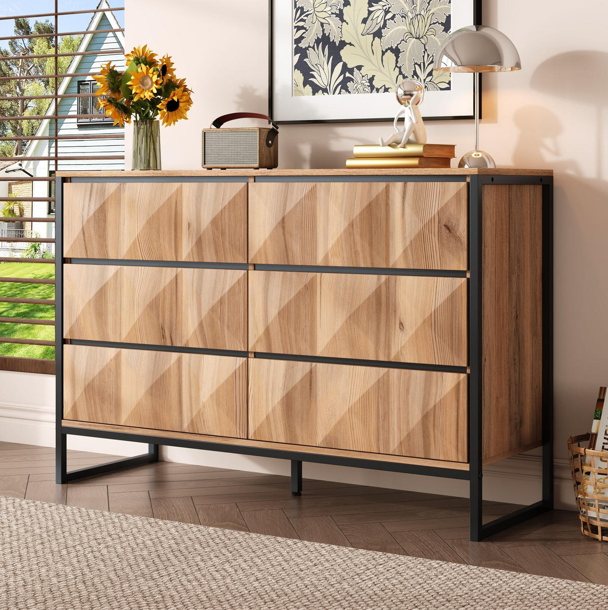 SIDEBOARD 120/40/80 cm mit 6 Schubladen in Schwarz & Natur im industriellen Look - Naturfarben, Holzwerkstoff (120/80/40cm) - BEAOK